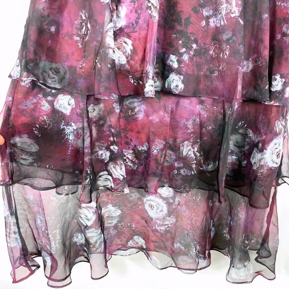 Marchesa Floral Midi Dress Purple Printed Chiffon Tiered Neck Tie Sz 2 Women - Picture 7 of 12